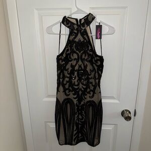 Elegant Black and Cream Dress (Black Sequins nude under top layer)